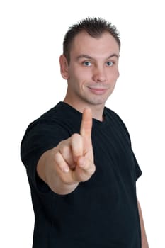 Portrait of a handsome young man pointing finger up - all on white background