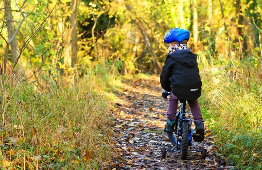 little boy riding his bike through woodland trail