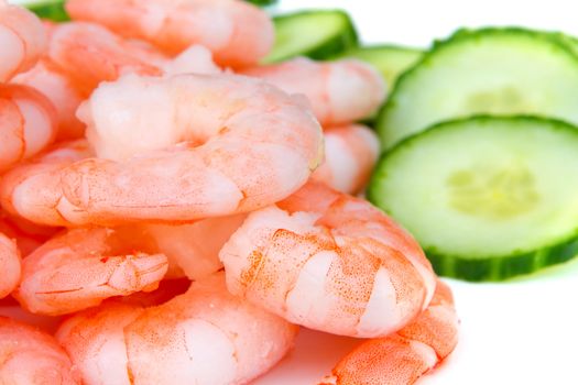 Prawns and cucumbers on white
