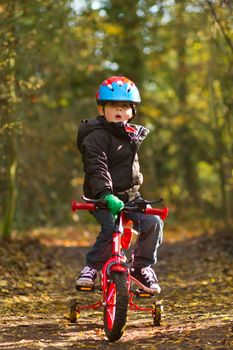 little boy riding his bike through woodland trail