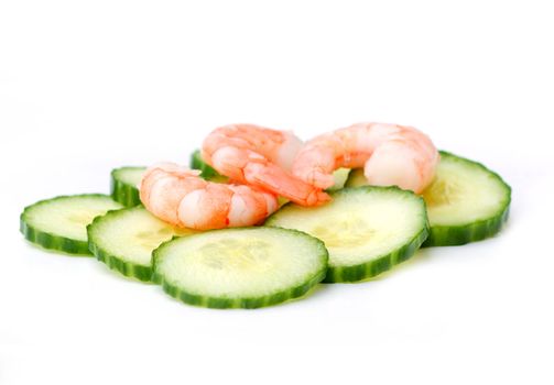 Prawns and cucumbers on white