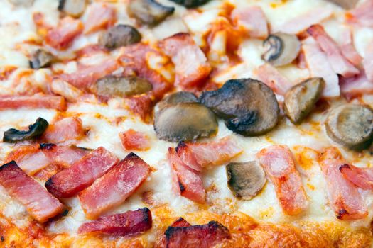 close up of ham and mushroom pizza
