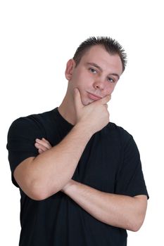 young man with blue eyes thinking about something on white background