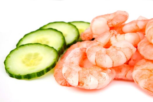 Prawns and cucumbers on white