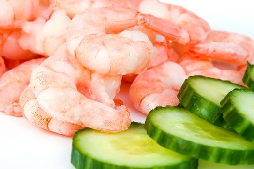 Prawns and cucumbers on white