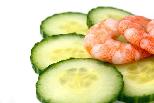 Prawns and cucumbers on white