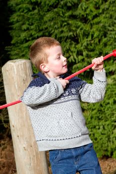 little boy on a rope walk outdoors