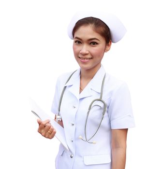 young nurse holding medical report and stethoscope on white background