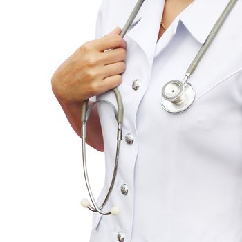 Close-up of unknown female doctor with stethoscope on white background