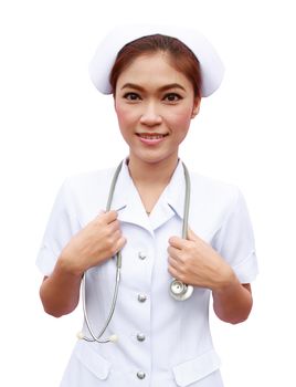 Young nurse with stethoscope on white background