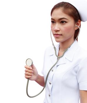 Young nurse with stethoscope cheking on white background