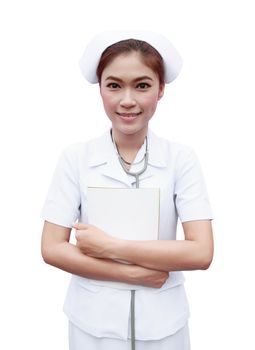young nurse with medical report on white background