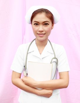 young nurse holding medical report and stethoscope