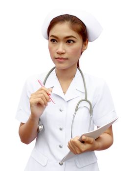 Asian female nurse with medical report and stethoscope