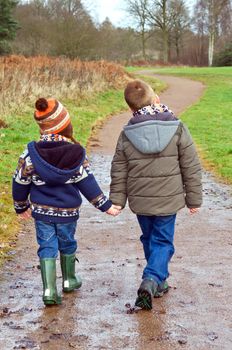 brothers holding hands on a country path