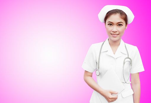 young nurse holding medical report and stethoscope on pink background