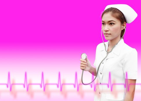 Young nurse with stethoscope cheking on pink background