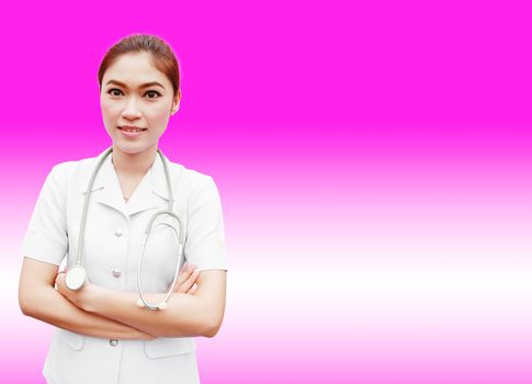 Young nurse with stethoscope on pink background