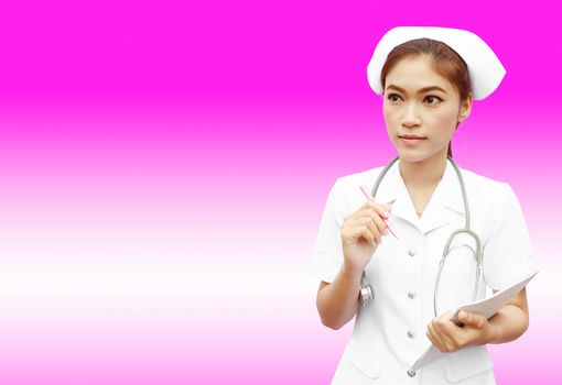 Asian female nurse with medical report and stethoscope on pink background