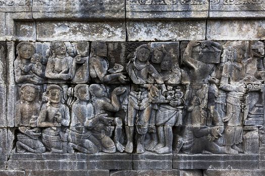 Carved stone at Borobudur temple on Java, Indonesia