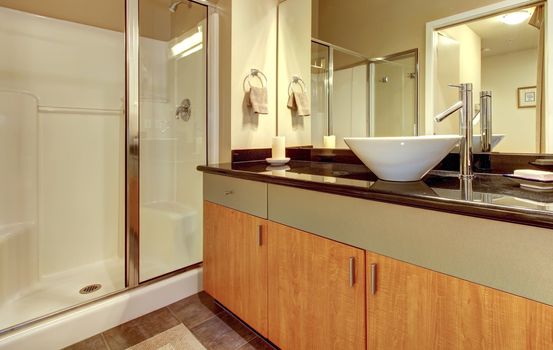 Bathroom with wood modern cabinets, glass shower and white sink.