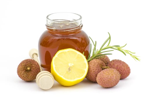 jar of honey, lemon and lychees