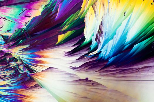Colorful apearence of crystals of benzoic acid, a food preserving additive, in polarized light.