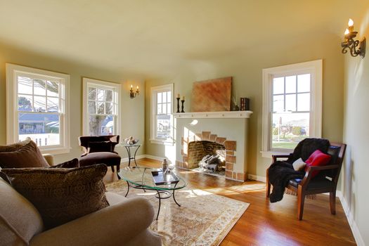 Green walls, beige tones and cozy craftsman style living room.