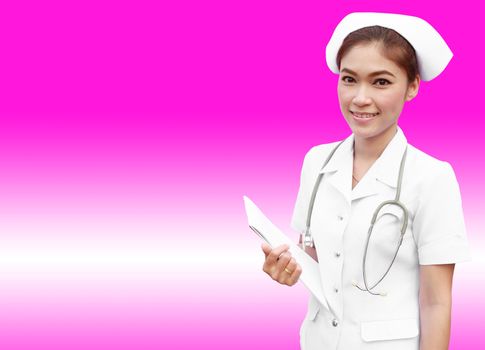 young nurse holding medical report on pink background