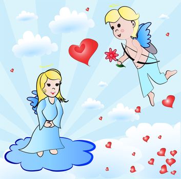 cupid giving a flover to angel