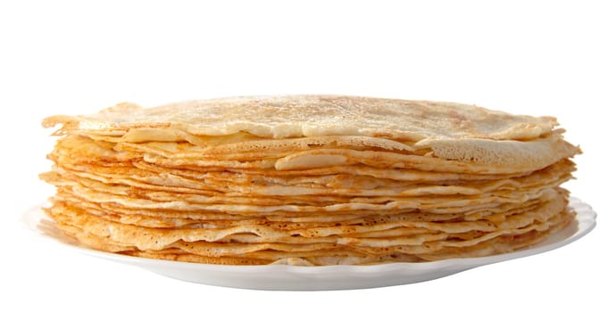 pile of pancakes on a white plate (isolated object)