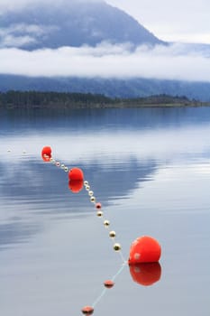 scenic mountain blue lake lanscape with the morning mist and clouds, fishing nets and orange floats