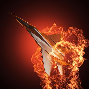 Military airplane in fire made in 3D