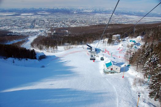 Ski resort cable road view, Sakhalin, Russia