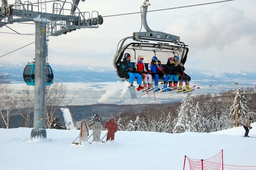 People on cable road, Sakhalin, Russia