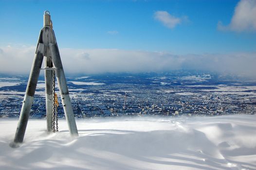 Triangulation station on hill town view, Yuzhno-Sakhalinsk, Sakhalin, Russia