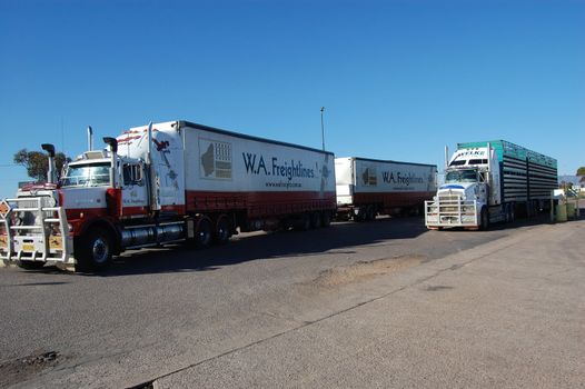 Road trains at parking area, outback Australia