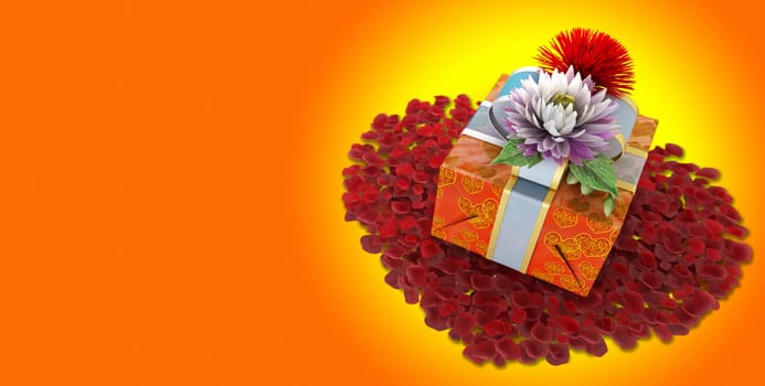 holiday flowers with gift box and rose petals