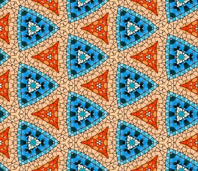 Seamless tiled mosaic pattern of kaleidoscopic altered hexagonal real ceramic tiles arranged to form colorful triangle shapes for a repeated textured background effect.