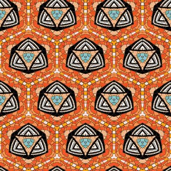 Seamless tiled mosaic pattern of kaleidoscopic altered hexagonal real ceramic tiles arranged to form colorful triangle shapes for a repeated textured background effect.