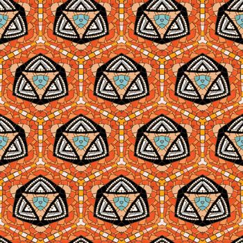 Seamless tiled mosaic pattern of kaleidoscopic altered hexagonal real ceramic tiles arranged to form colorful triangle shapes for a repeated textured background effect.