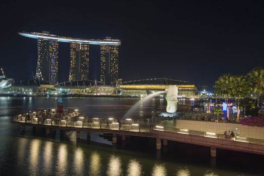 SINGAPORE - AUGUST 28: Singapore Merlion Park Along the Mouth of Singapore River at Night on August 28, 2010 is one of the top most visited tourist attraction in Singapore.