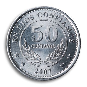 Nicaraguan coin, white background, clipping path.
