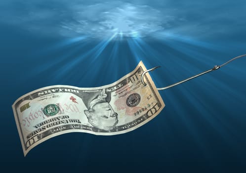 Fish hook with dollar note underwater.