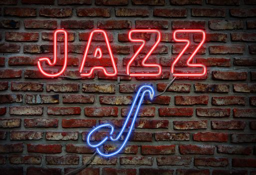 Glowing neon jazz sing on a brick wall. 