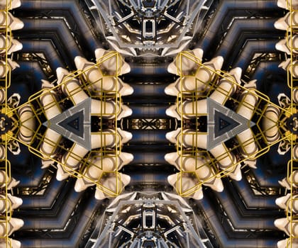 Abstract kaleidoscopic pattern of metal pipe assembly concept of weird technological machine background.