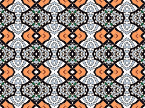 Seamless tiled mosaic pattern of kaleidoscopic altered rectangular real ceramic tiles arranged to form colorful curved shapes for a repeated textured background effect.