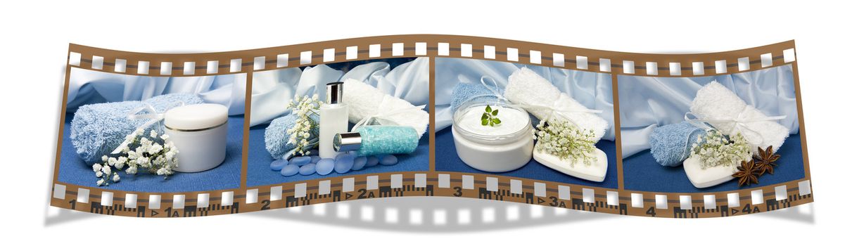 film with natural products for body care on colored background