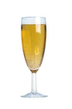  Closeup of the bubbles in a glass of champagne on white background