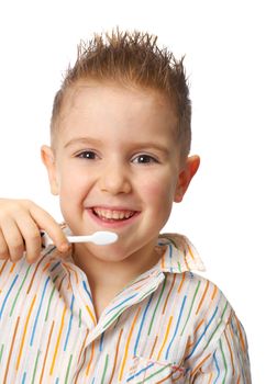 Little child with dental toothbrush brushing teeth.isolated on a white background.